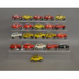 21 unboxed Scalextric Mini models including 3 x C122 in red and three in yellow, two C7 cars in