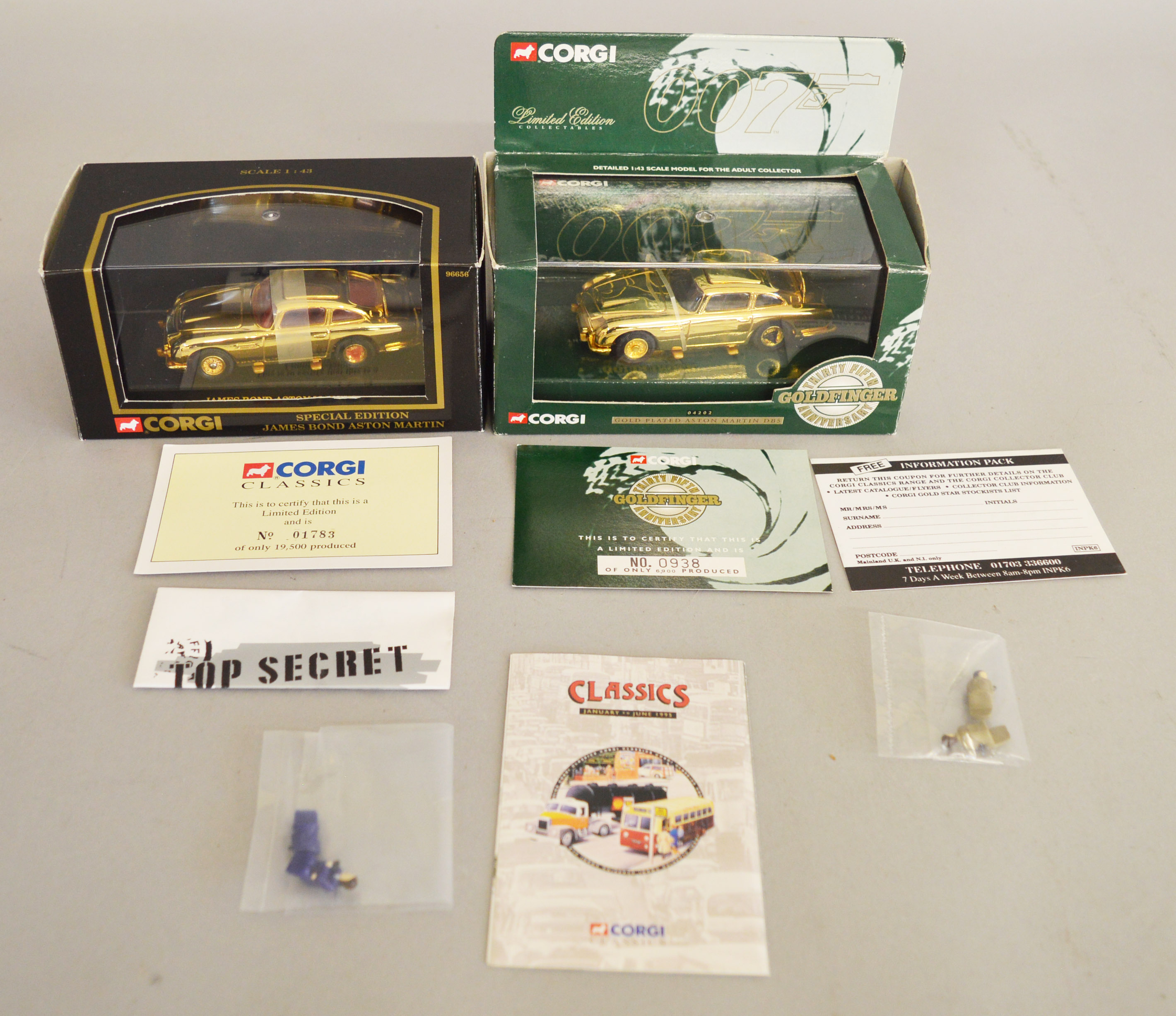 James Bond 007 2 boxed Corgi  Aston Martin DB5 models with gold coloured plated finish, 96656