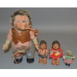 A group of four unboxed vintage dolls including three Steiff hegehog dolls - a 17cm tall Mecki