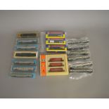 N Gauge. EX SHOP STOCK 13 coaches, which includes; 6 loose Gesellschatfwagon, Roco, Rivarossi etc,