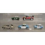 5 unboxed Scalextric/Hornby slot cars including VW Beetle, Aston Martin DB5 and three different