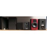 Three pairs of bookshelf speakers - JVC model SP, Wharfdale 30D6 and Tannoy Reveal in red (with
