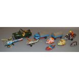 10x tinplate vehicle models including a jeep, motorcycle and helicopters