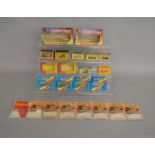 An assortment of empty original boxes for Matchbox diecast models from various different ranges