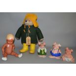 A Vintage Gabriel Paddington Bear together with 3 Wade Natwest Pigs and a vintage plastic doll (5)