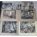 "John Wesley" (1954) seven original artwork believed to be pre-production set designs for various