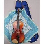 Czech violin (refurbished) with hollow wooden body and hand carved scroll, in black hardcase with