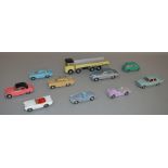 10 Unboxed Tri-ang Spot On diecast vehicles including a 109/3 ERF Lorry with Flat Float with