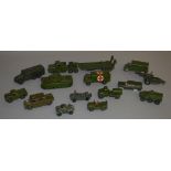 14x Military diecast models - 10 Dinky Toys, 1 Corgi, 1 Morestone, 1 Crescent, 1 Lone Star. Unboxed.