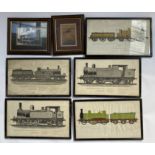 7 framed railway-related prints.