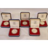 Five Royal Mint 1977 silver proof crowns, with original box & certificate