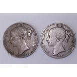 Two 1845 Queen Victoria silver crowns - one FG, one Fine