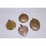 Four 9ct back & front lockets of various shapes & sizes, approx gross weight 15.4gms