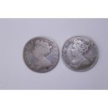 Two 1711 Queen Ann silver shillings - one Fine