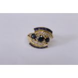 An 18ct H/M yellow gold sapphire & diamond ring, the three central sapphires total approx 1ct, the
