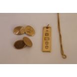 A small quantity of 9ct H/M jewellery to include an ingot pendant, pair of cufflinks & a chain,