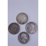 Four silver Half Crowns, 1821, 1825, 1834 & 1687 with initials stamped on bust