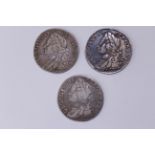 Three 1758 George II silver shillings - two FG, one fair