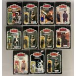 11 vintage Star Wars figures - all sealed on cards but cards have all had the name section removed f