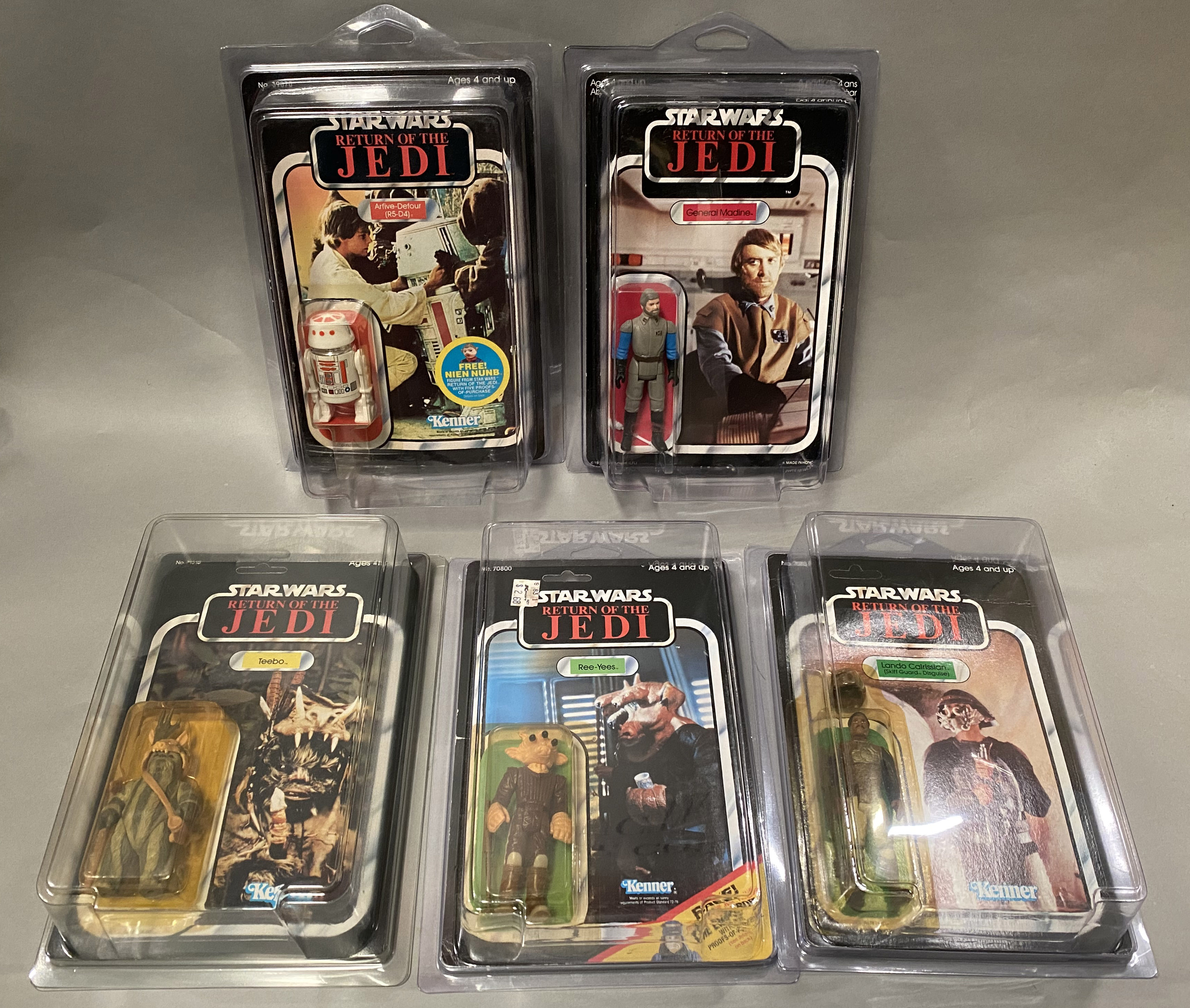 5 vintage Star Wars ROTJ Return Of The Jedi figures on original backing cards: Arfive-Defour (R5-D4)