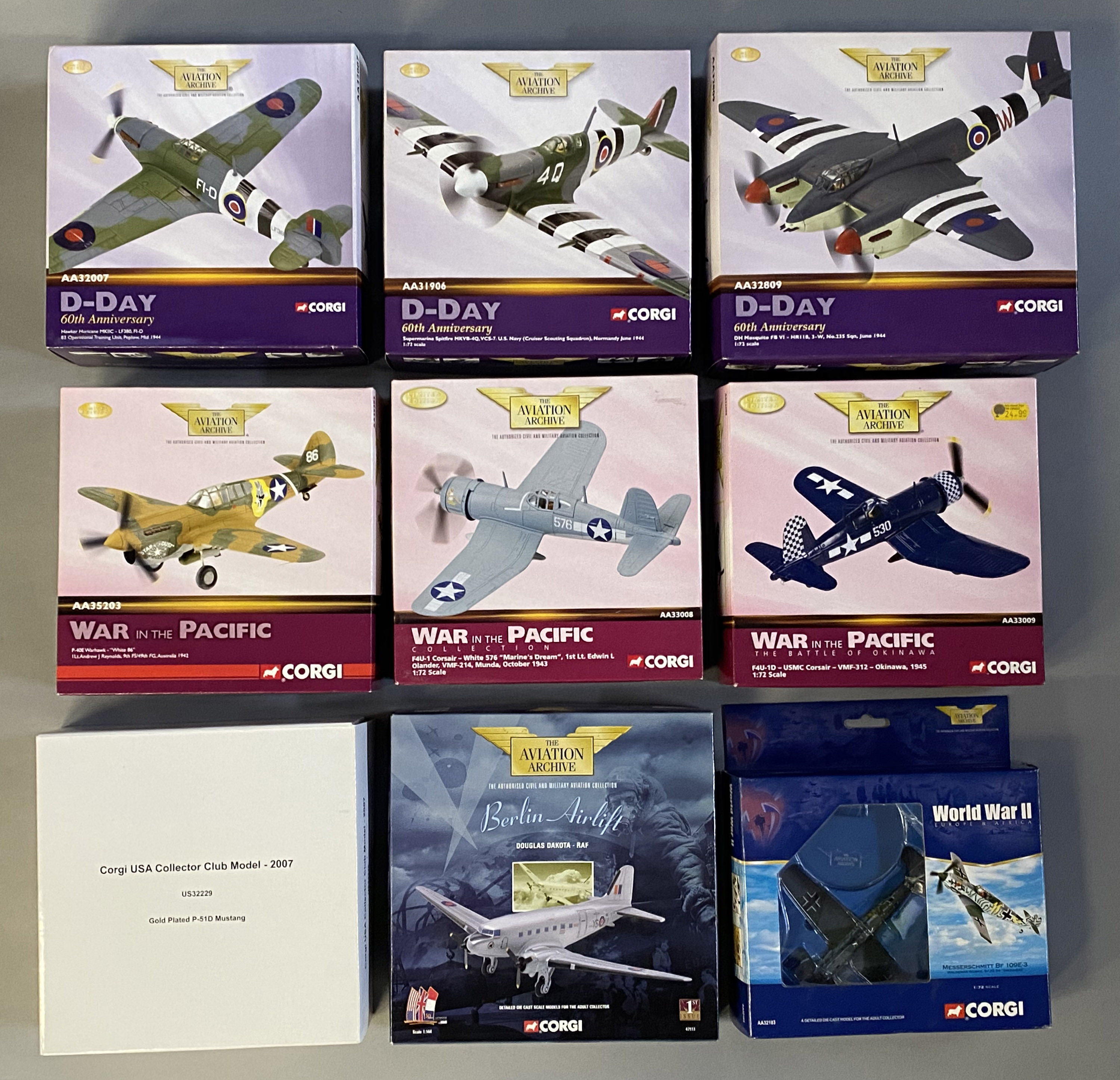 9 Corgi Aviation Archive model aircraft: AA32007, AA31906, AA32809, AA35203, AA33008, AA33009, US322