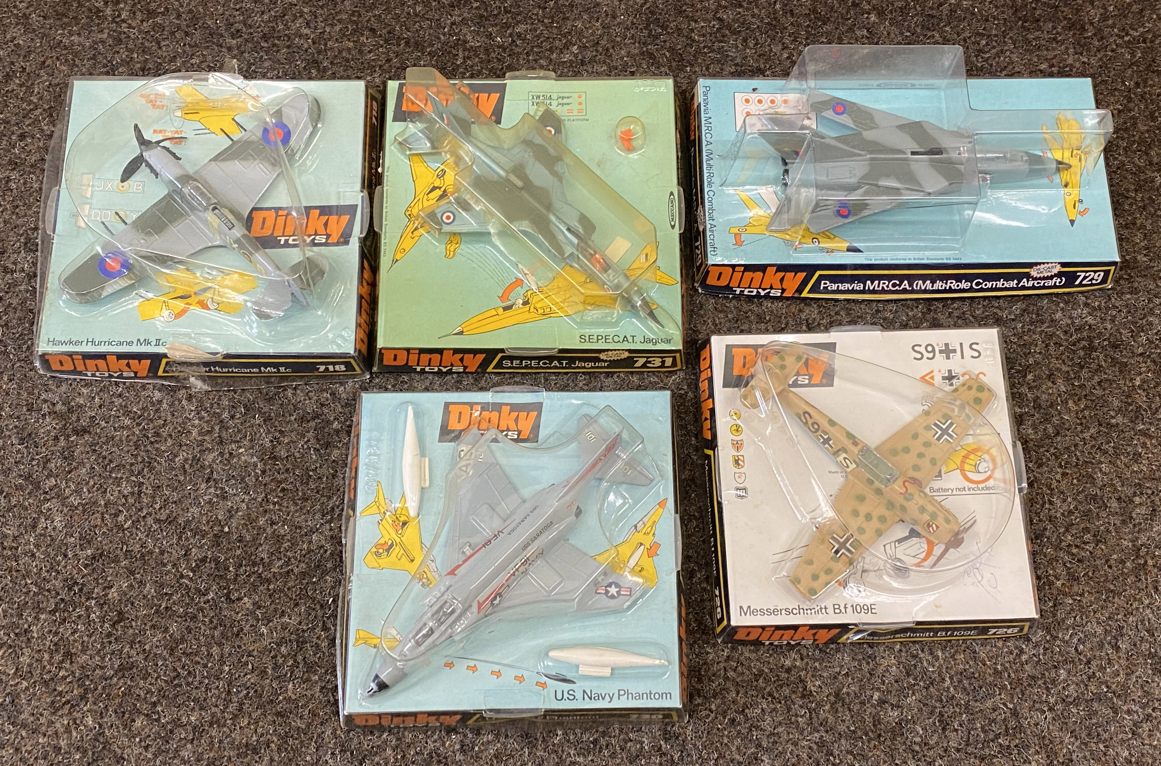 5x Vintage Dinky Toys military airplane models, all boxed.