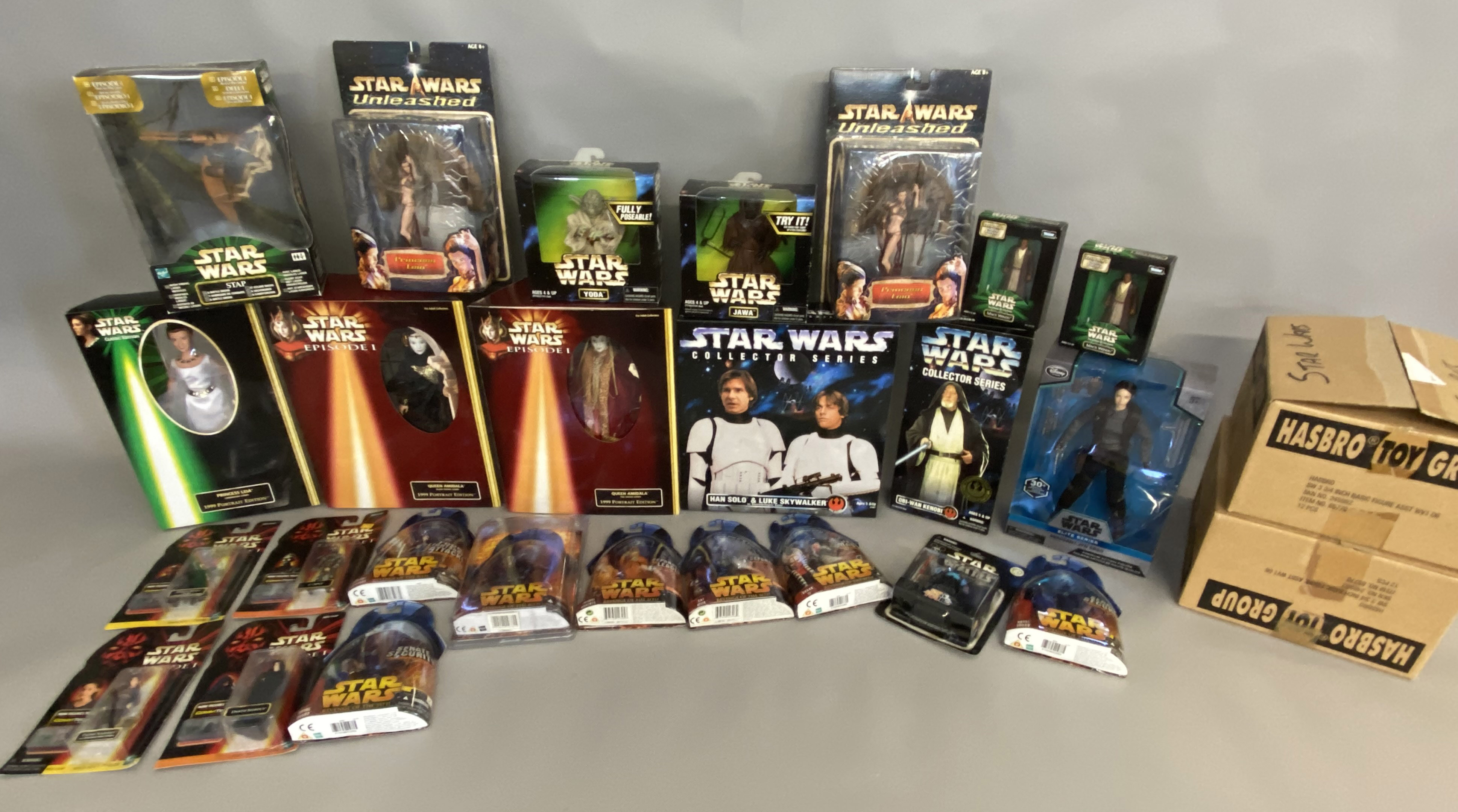Approximately 40x assorted Star Wars boxed and carded figures including Collectors series, Revenge