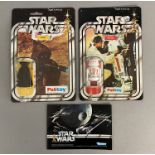 2 Palitoy Star Wars figures: Jawa on 12-back card and R5-D4 on 20-back card. Both sealed to cards. T