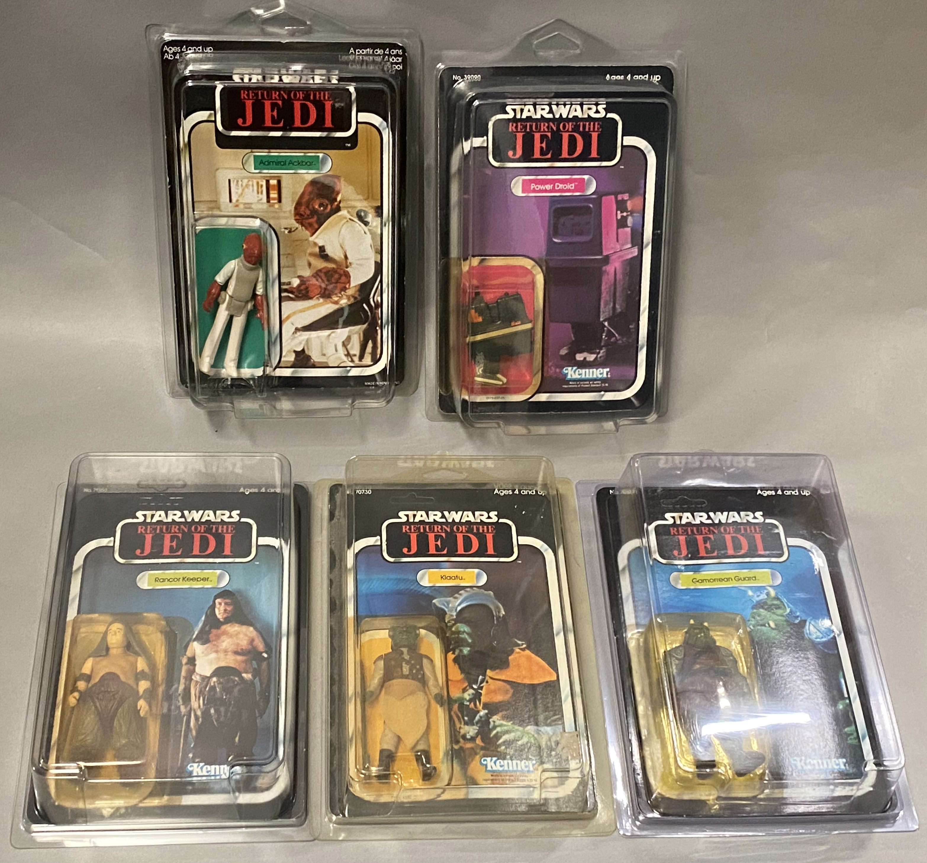 5 vintage Star Wars ROTJ Return Of The Jedi figures on original backing cards: Admiral Ackbar, Power