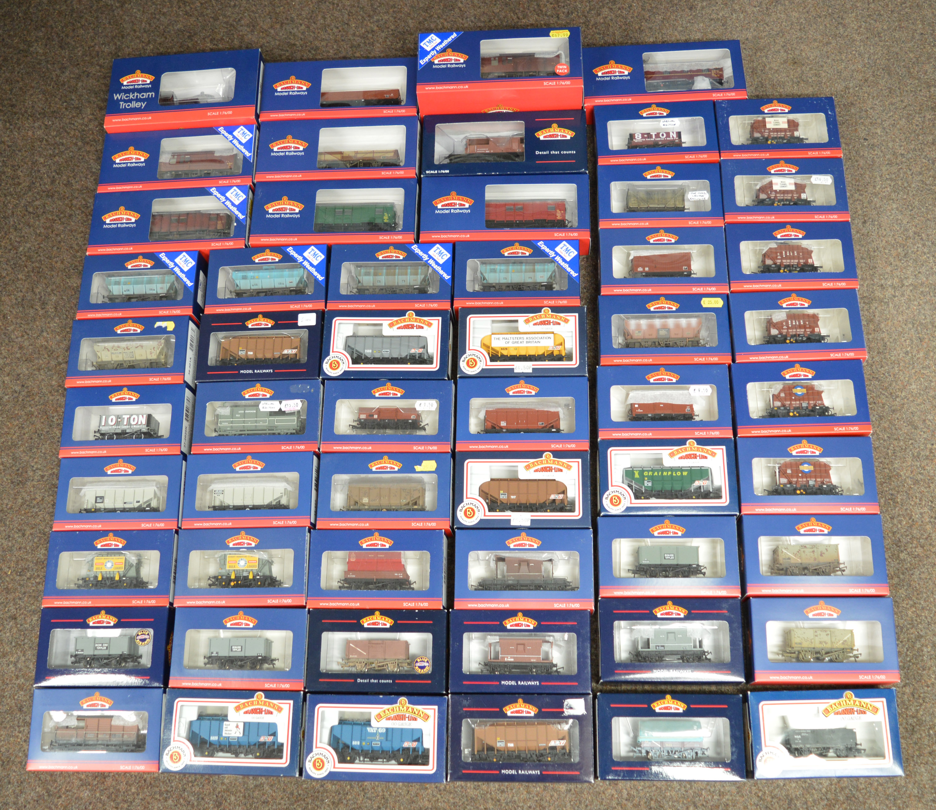 OO Gauge. 59x Bachmann Branch-Line Rolling Stock, all boxed.