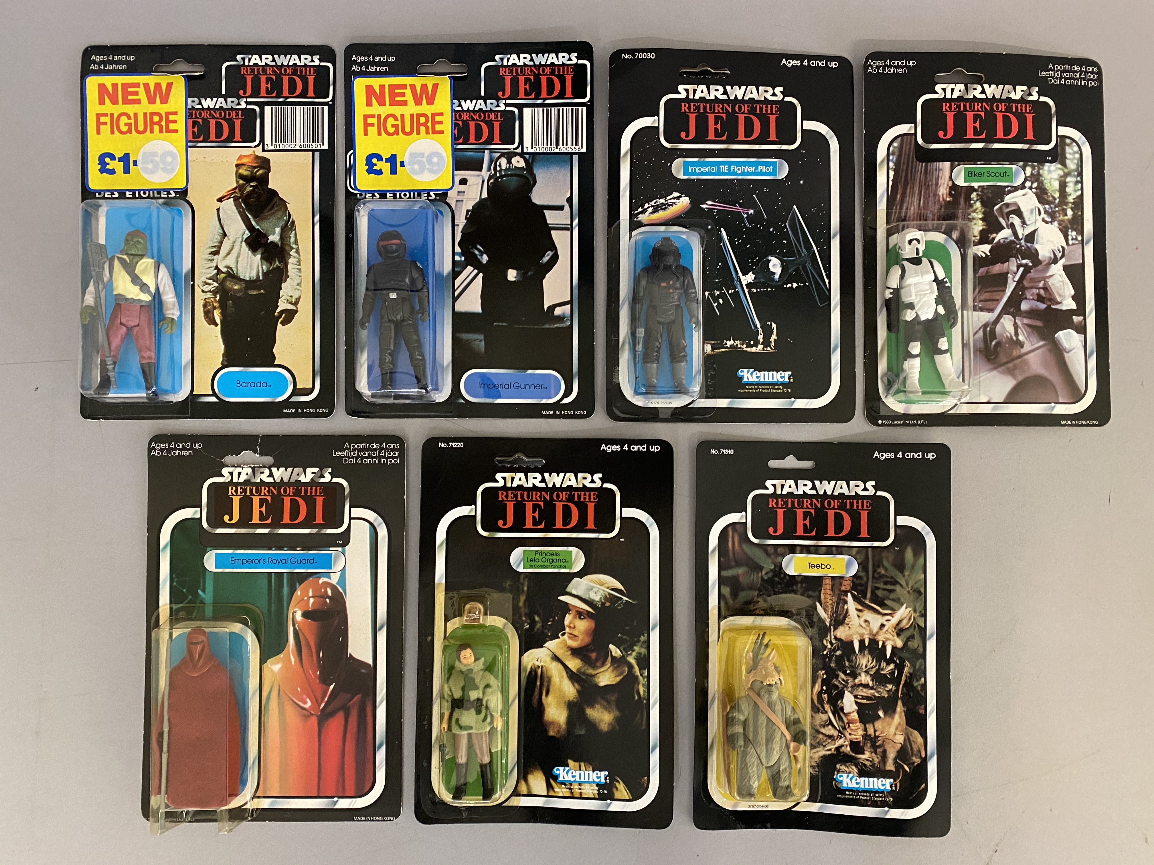 7 vintage Star Wars figures on ROTJ Return Of The Jedi cards - all still sealed: Barada, Imperial Gu