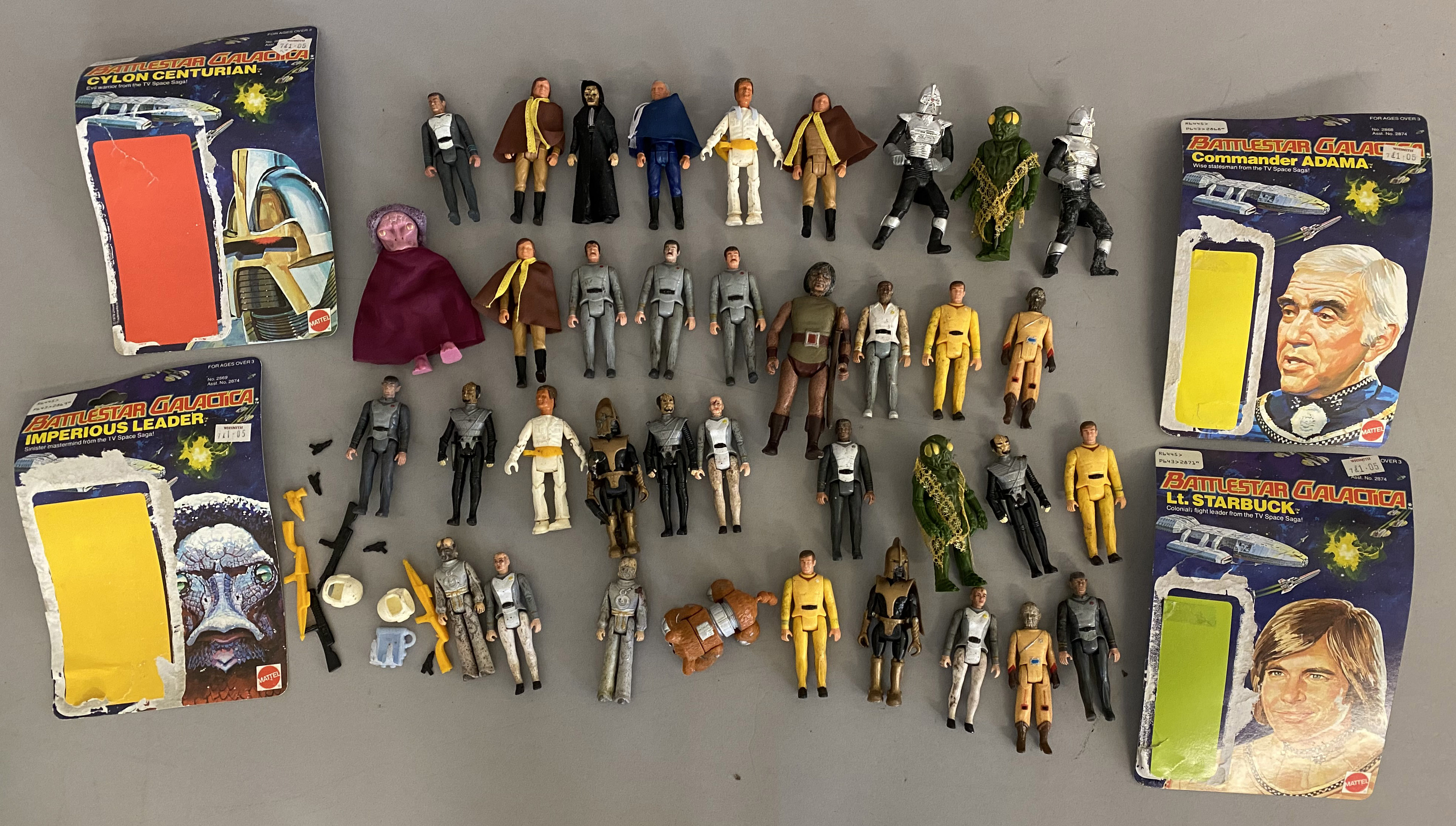 37 vintage assorted sci-fi action figures, mostly appear to be from the Mattel Battlestar Galactica