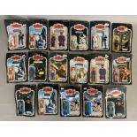 17 vintage Star Wars figures - all sealed on cards but cards have all had the name section removed f