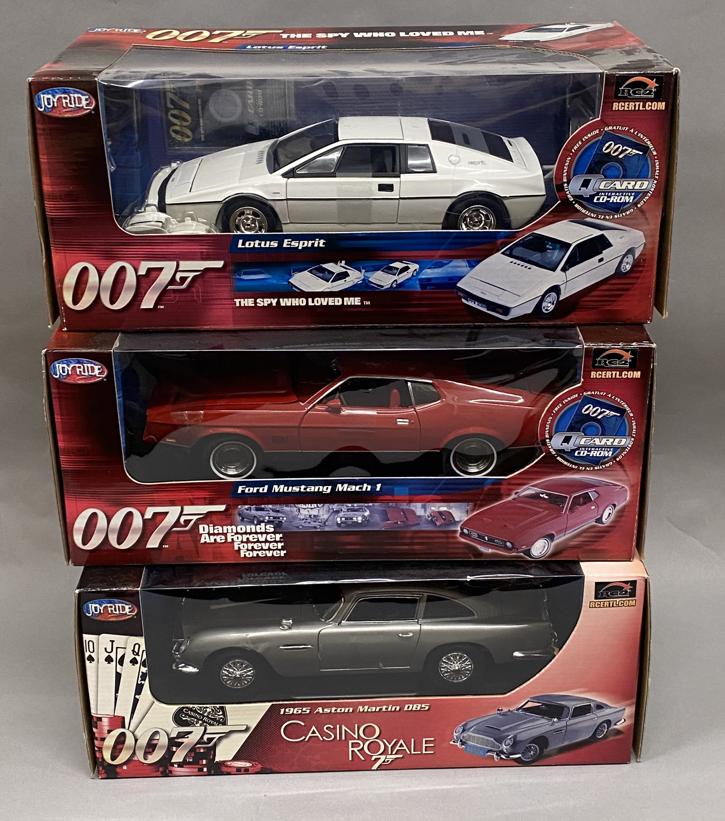 3x James Bond 007 1:18 Scale vehicle models by Joyride: Lotus Esprit, Ford Mustang Mach 1, Aston