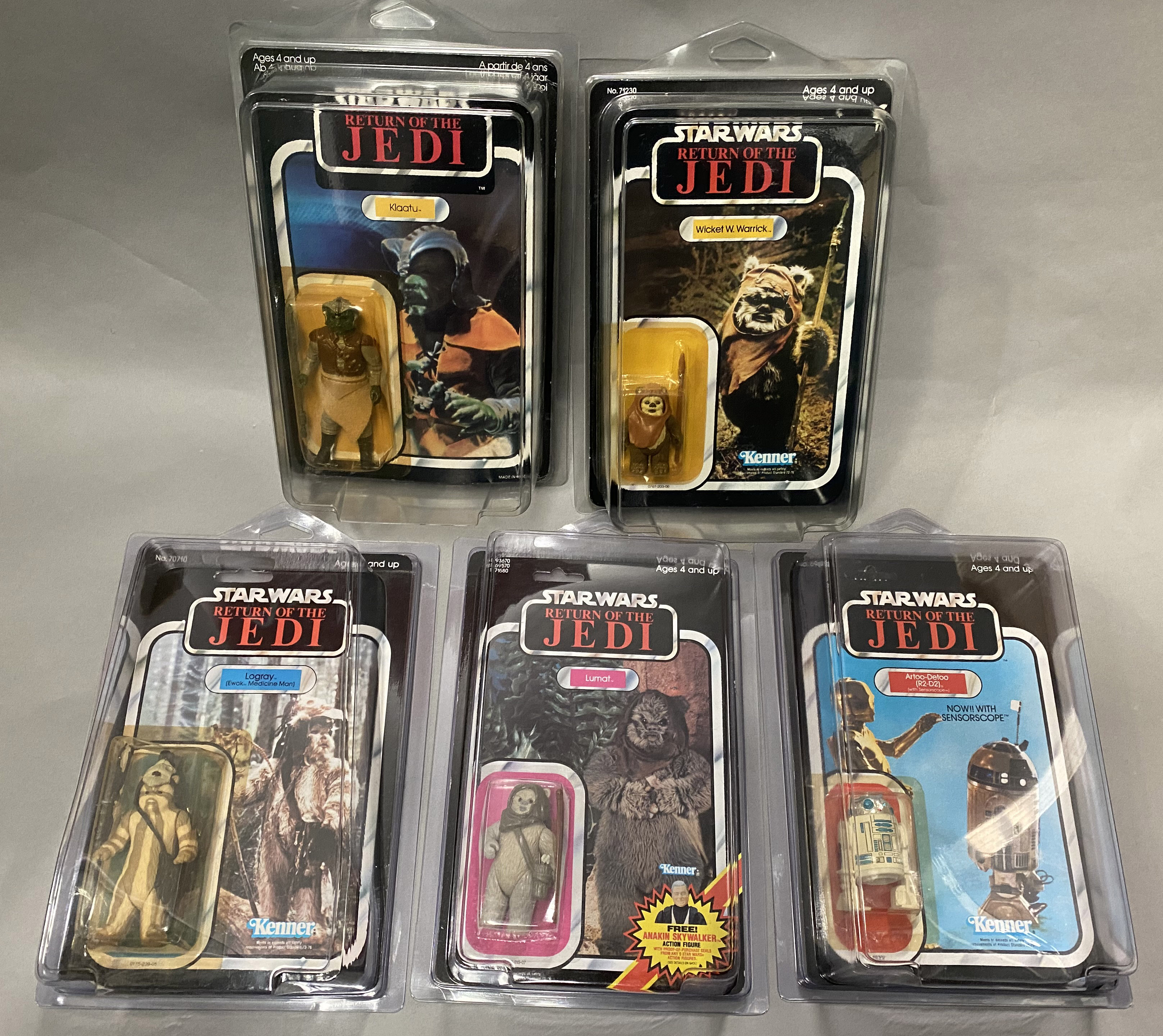 5 vintage Star Wars figures on ROTJ Return Of The Jedi backing cards: Klaatu, Wicket W. Warrick, Log