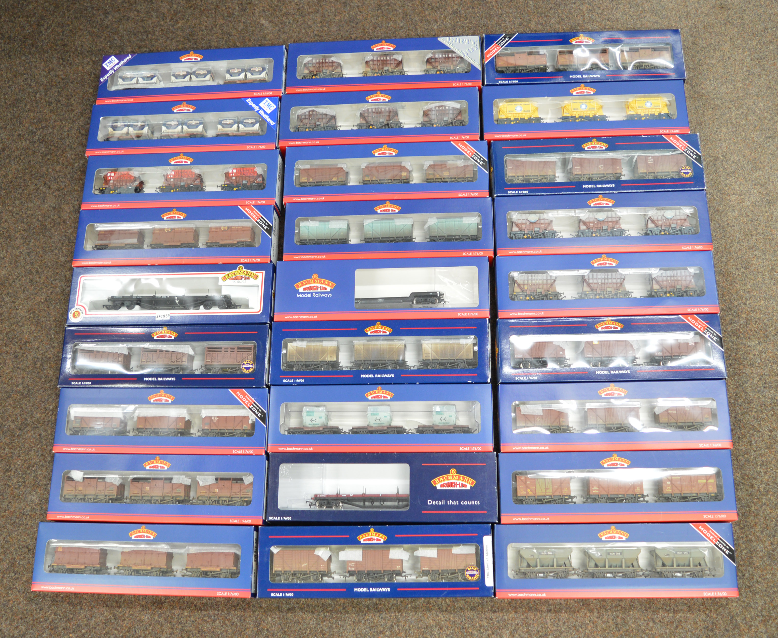 OO Gauge. 27x Bachmann Branch-Line Rolling Stock sets, all boxed.