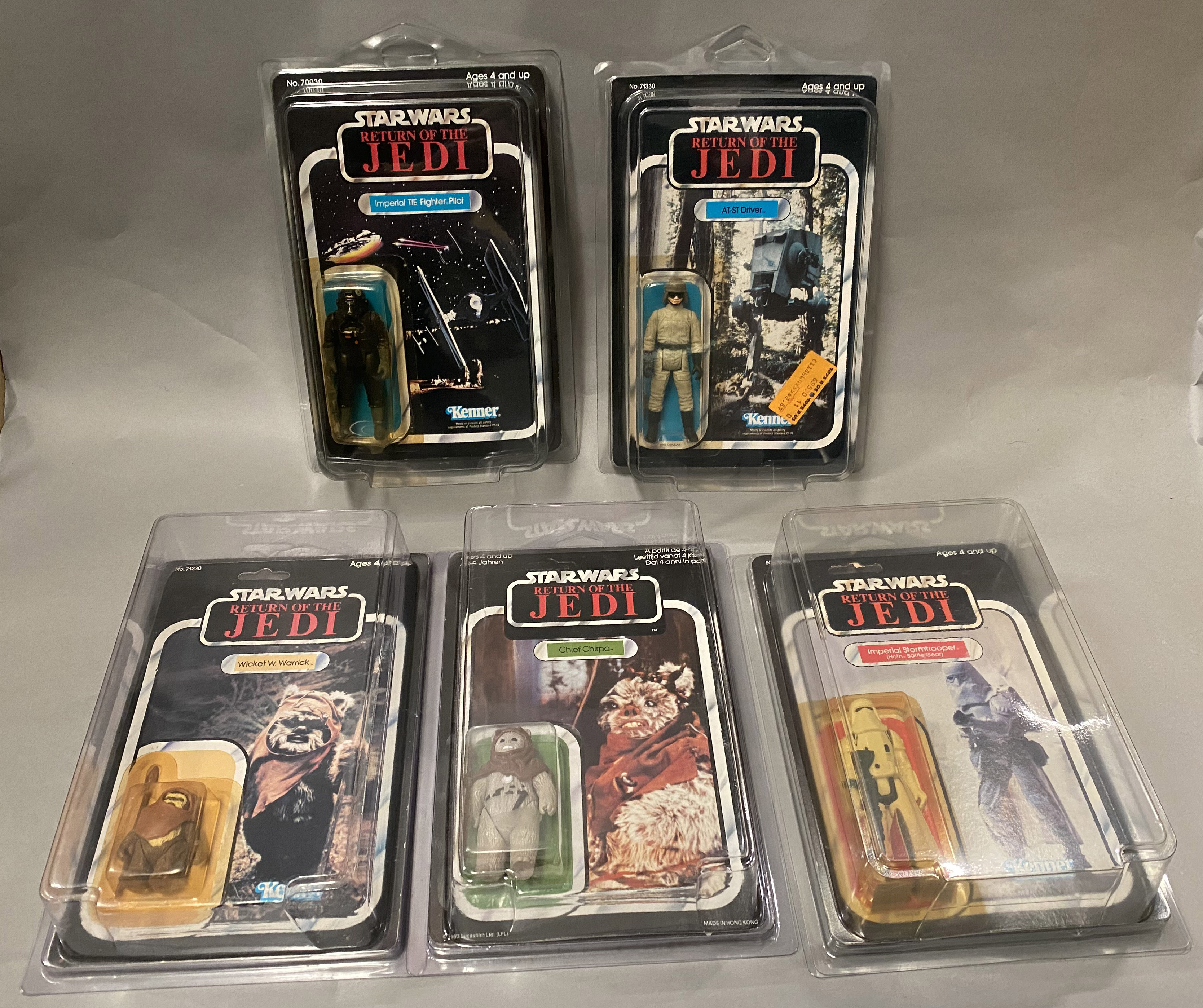 5 vintage Star Wars ROTJ Return Of The Jedi figures on original backing cards: Imperial TIE Fighter