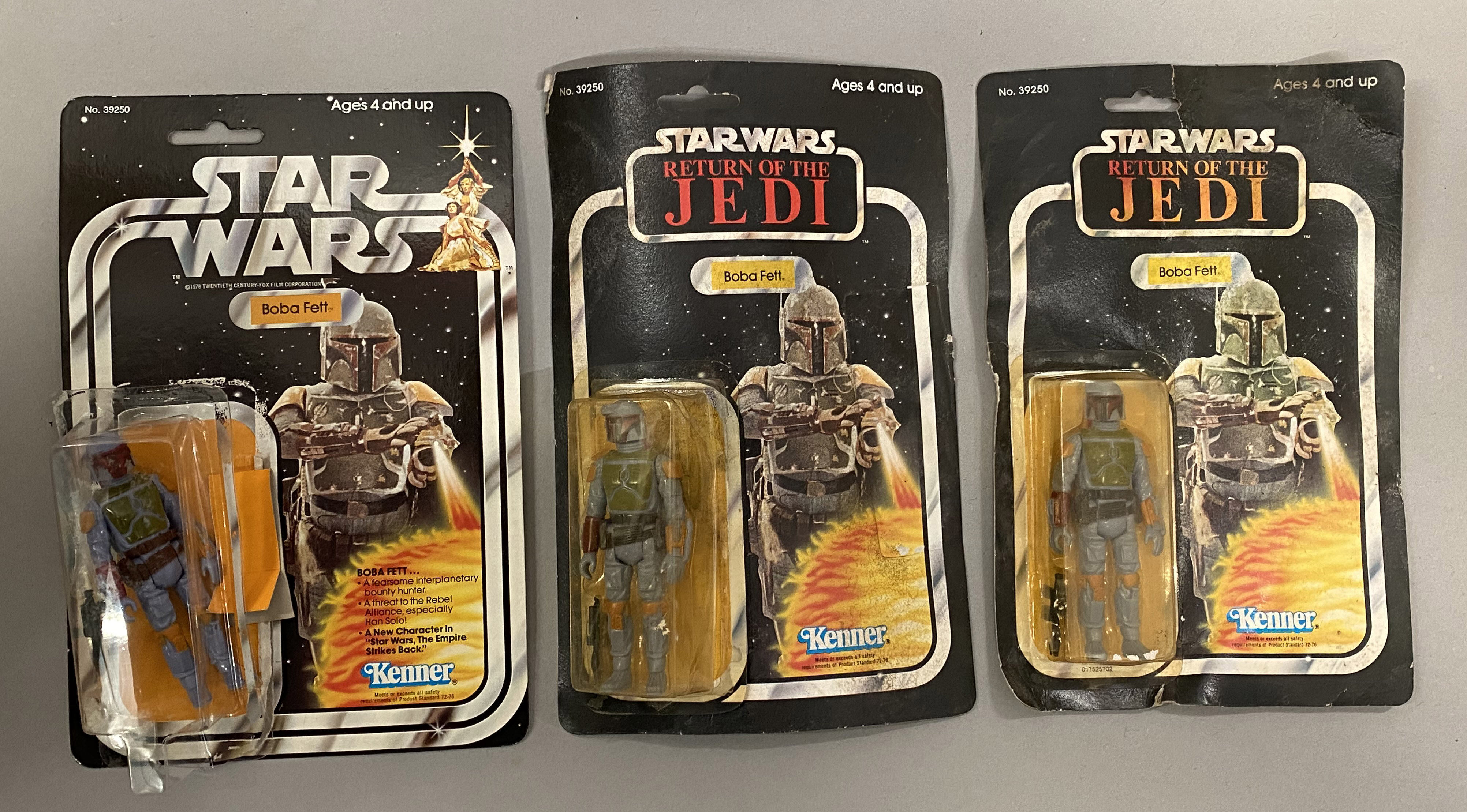 3 Star Wars Boba Fett figures - one is sealed on a Kenner ROTJ card but the card is AF, the other tw