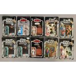10 vintage Star Wars figures - all sealed on cards but cards have all had the name section removed f