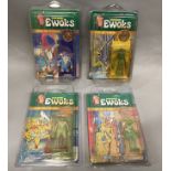 4 vintage Kenner Star Wars figures on Ewok backing cards: Logray, Dulok Scout, King Gorneesh and Sha