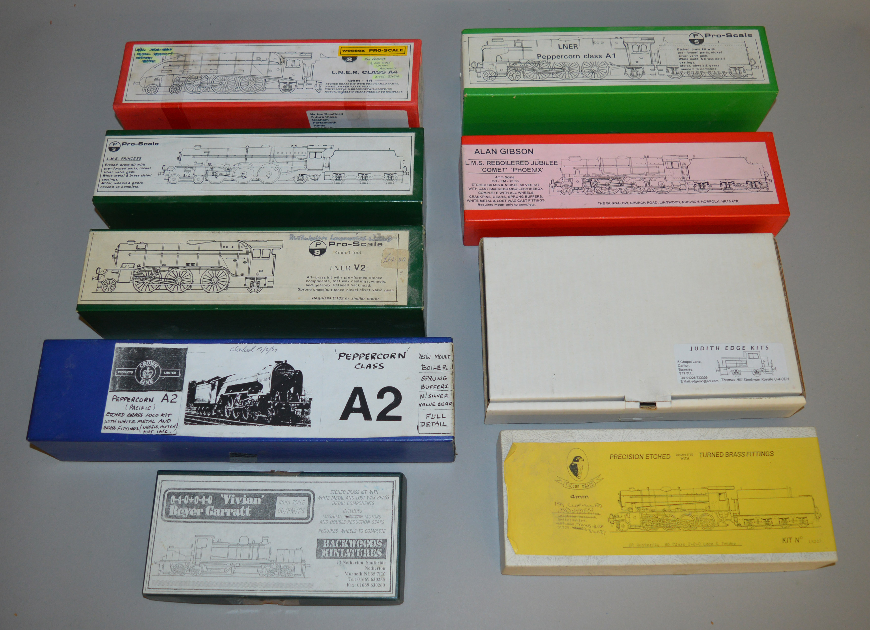 OO Gauge. 9x white metal model railway locomotive kits, all boxed. (Not checked for completeness)