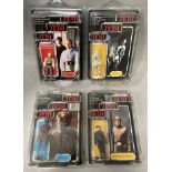 4 vintage Star Wars figures on Tri-Logo ROTJ Return Of The Jedi backing cards: Lobot, 8D8, EV-9D9 an
