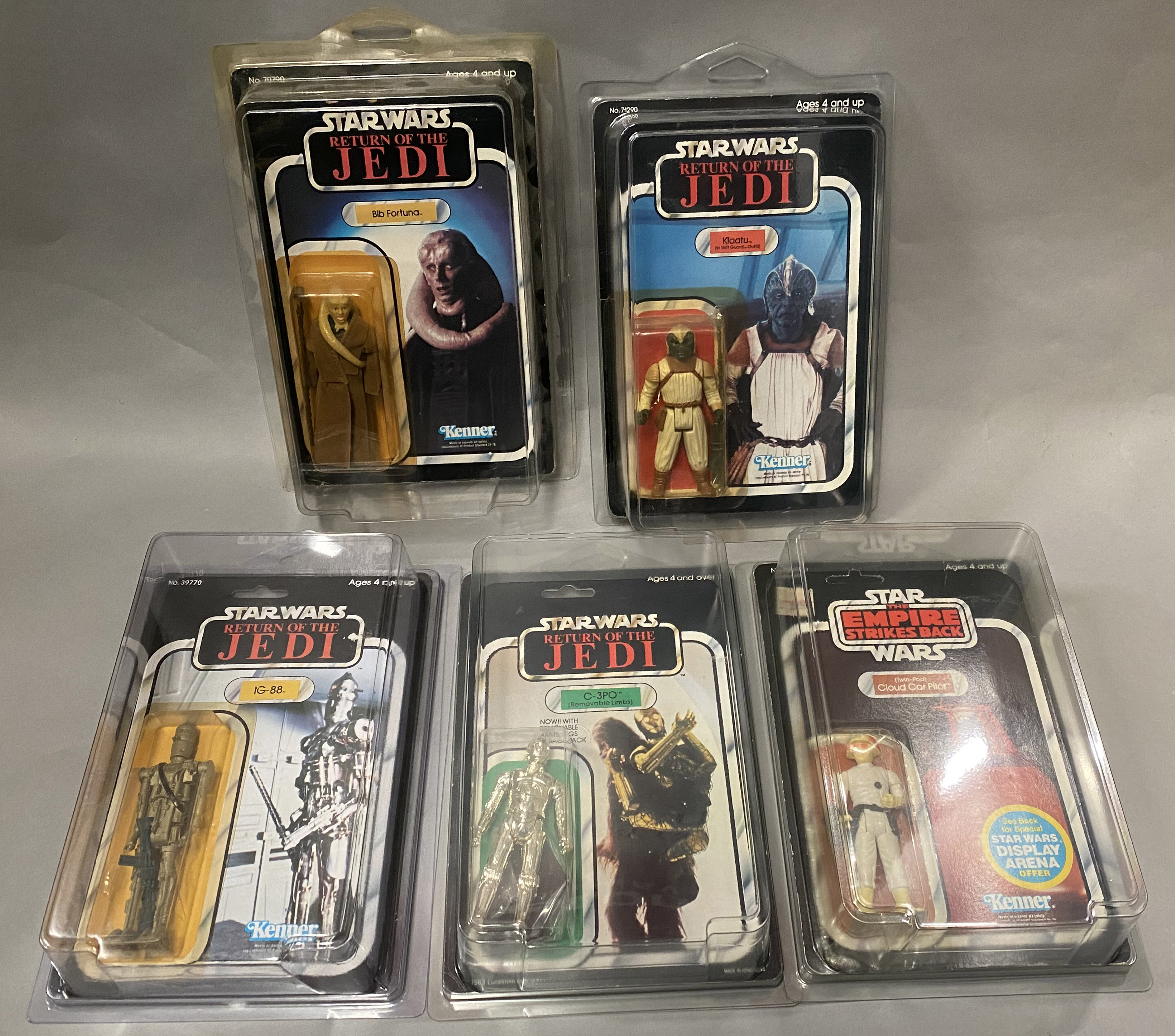 5 vintage Star Wars figures on original backing cards: Bib Fortuna, Klaatu (in Skiff Guard Outfit),