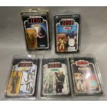 5 vintage Star Wars figures on original backing cards: Bib Fortuna, Klaatu (in Skiff Guard Outfit),