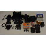 A mixed lot of cameras and photography equipment including Pentax and Kodak.