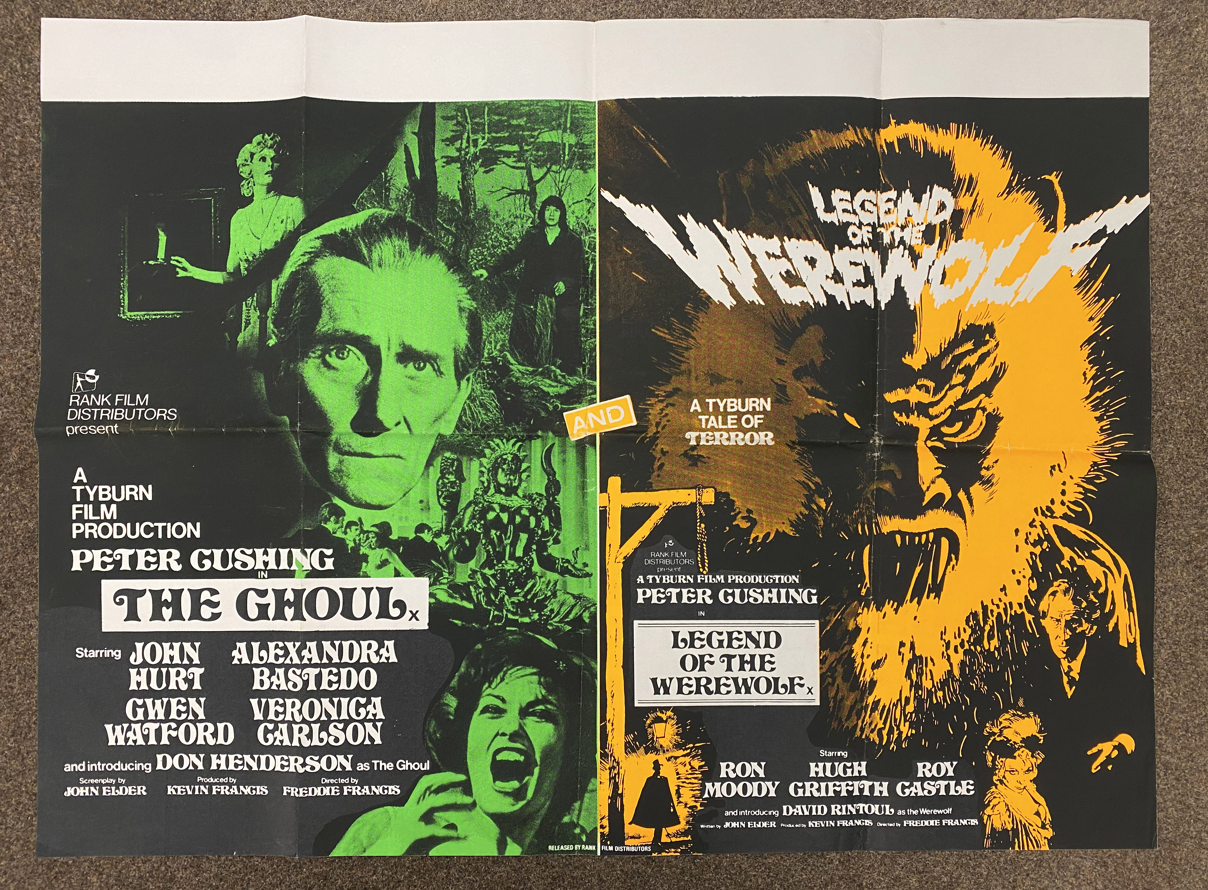Peter Cushing - The Ghoul and Legend Of The Werewolf double-bill British Quad film poster, folded.