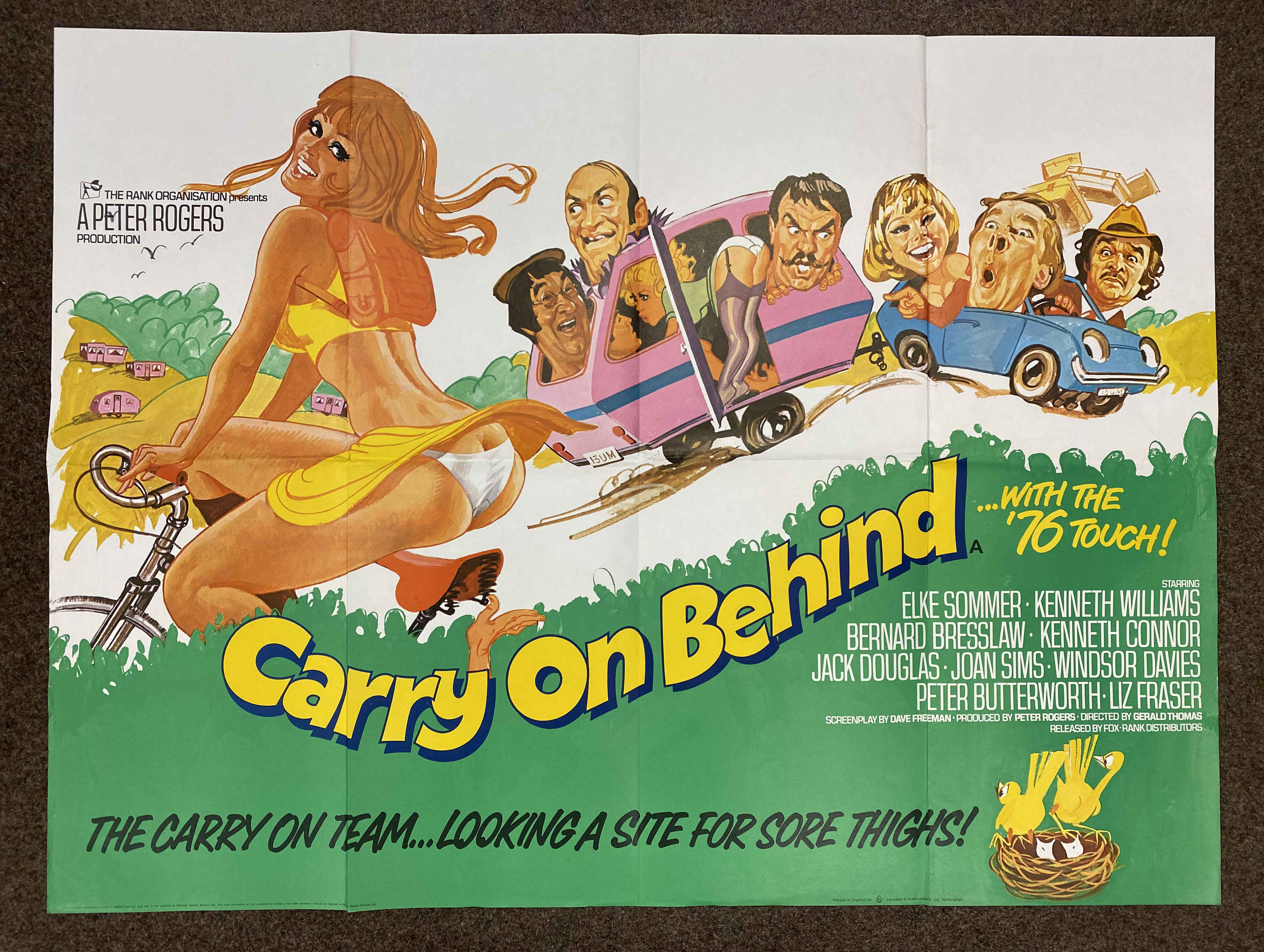 Carry On Behind British Quad film poster, folded.