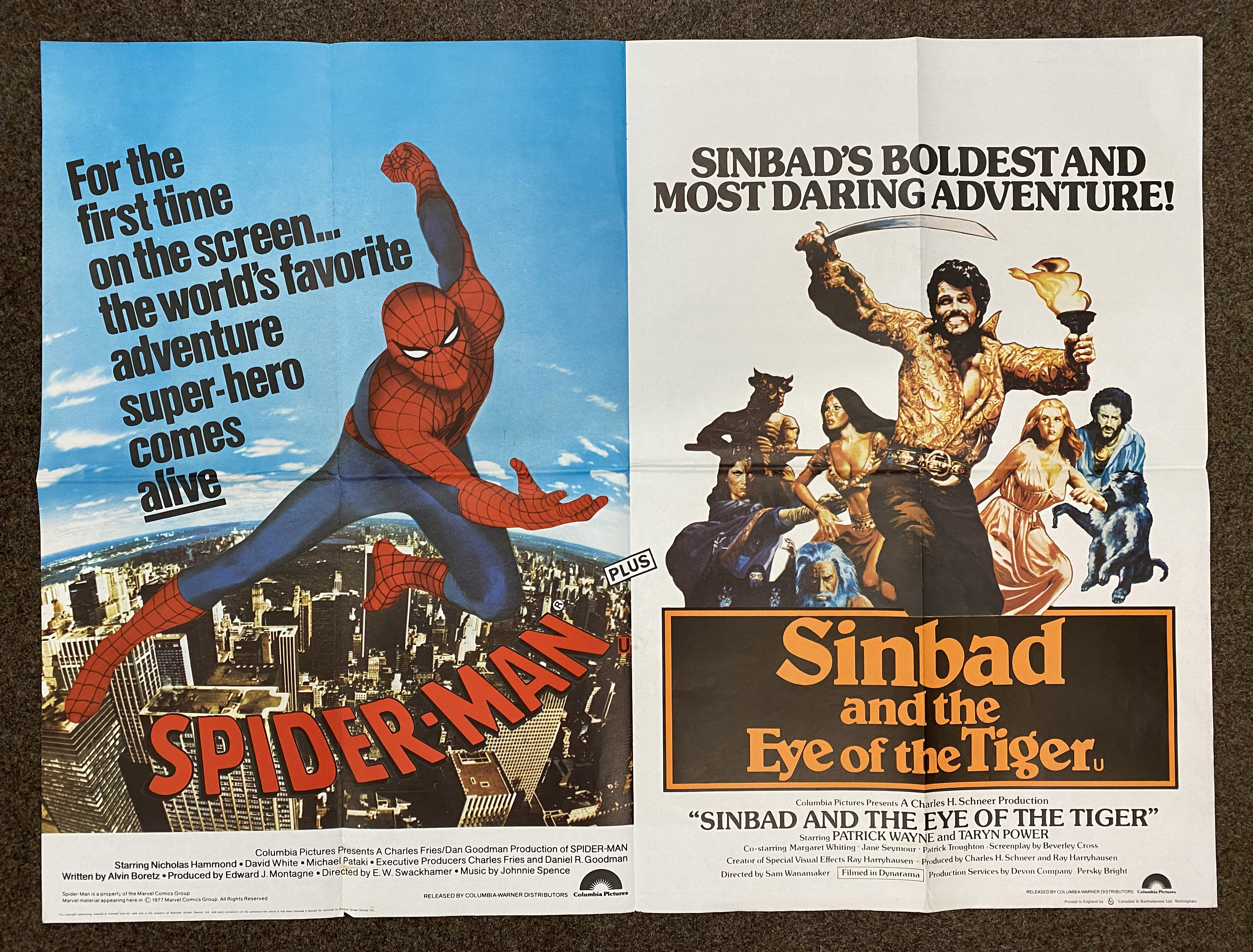 Spider-Man plus Sinbad And The Eye Of The Tiger double-bill British Quad film poster, folded.