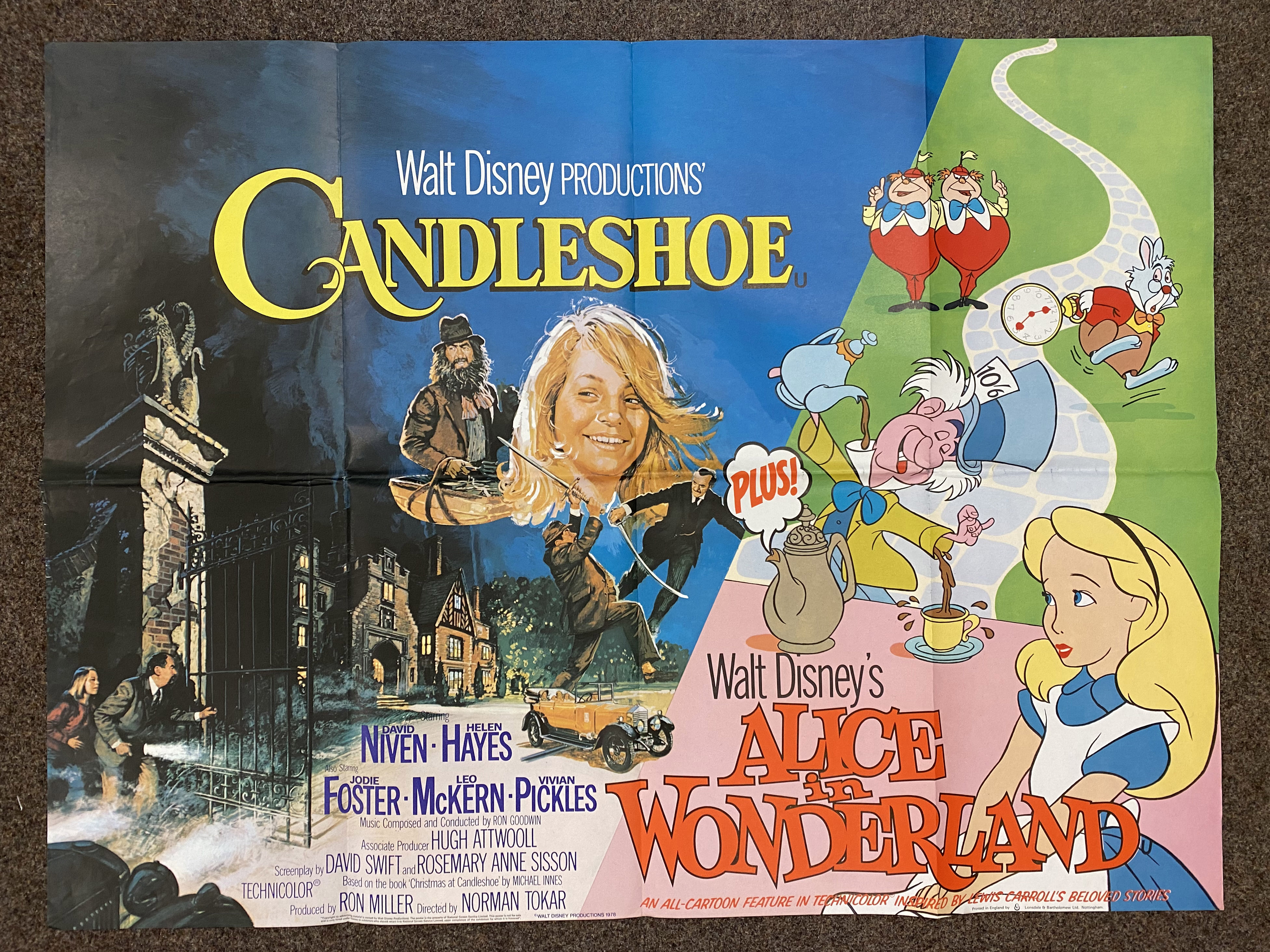 Walt Disney Candleshoe and Alice In Wonderland double-bill British Quad film poster, folded.