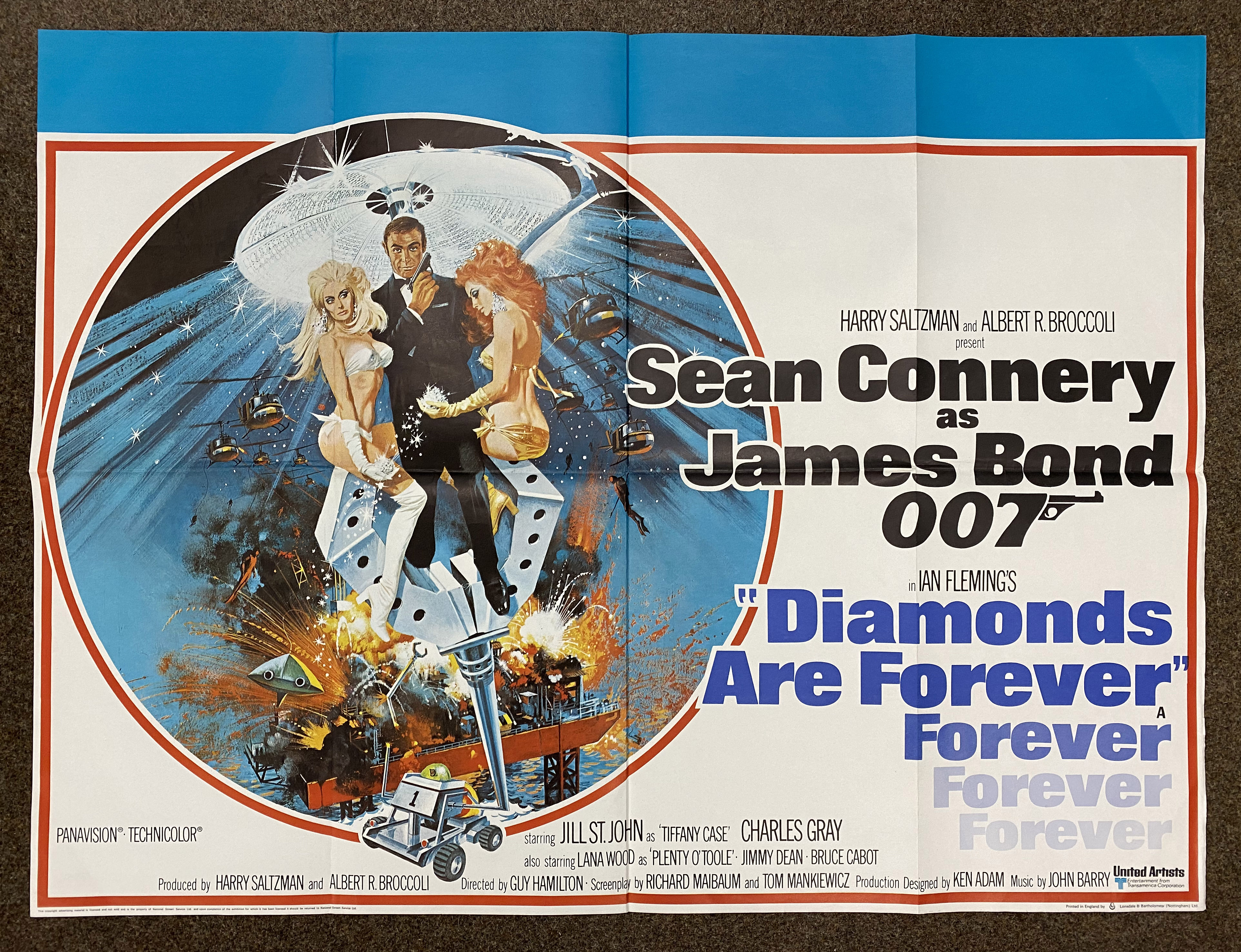 Sean Connery as James Bond 007 Diamonds Are Forever British Quad film poster, folded.